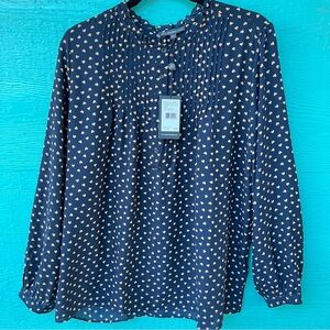 Pintuck Button Down Blouse Navy with Heart Print Romantic Flowy SIZE LARGE NWT